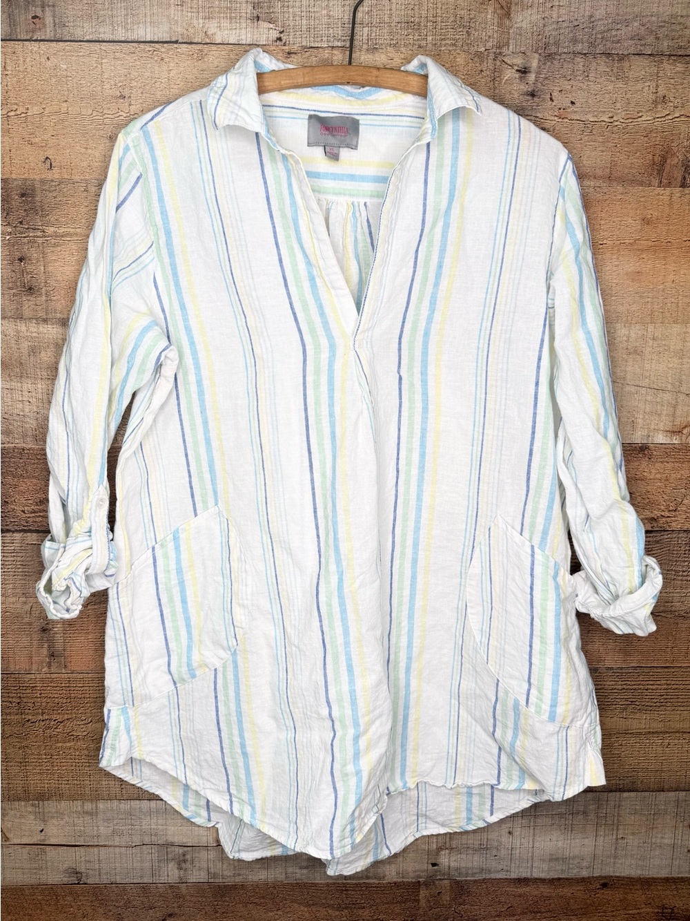 Forcynthia Beachwear Top Shirt Cover Up Womens XL Linen Blend Roll Tab Sleeve
